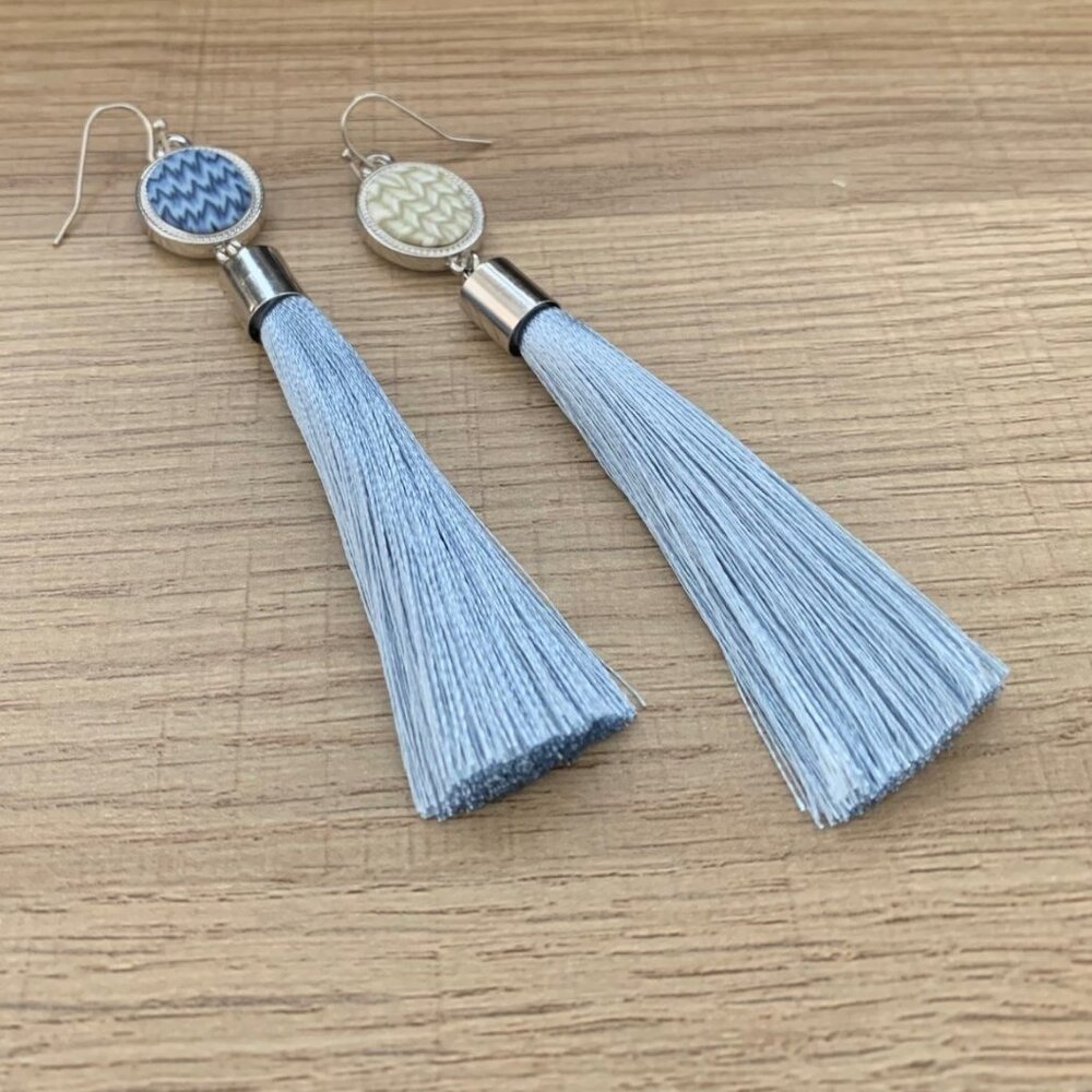 Jilzarah Dusty Blue 2 Sided Clay Fringe Tassel Dangle Drop Earrings Silvertone